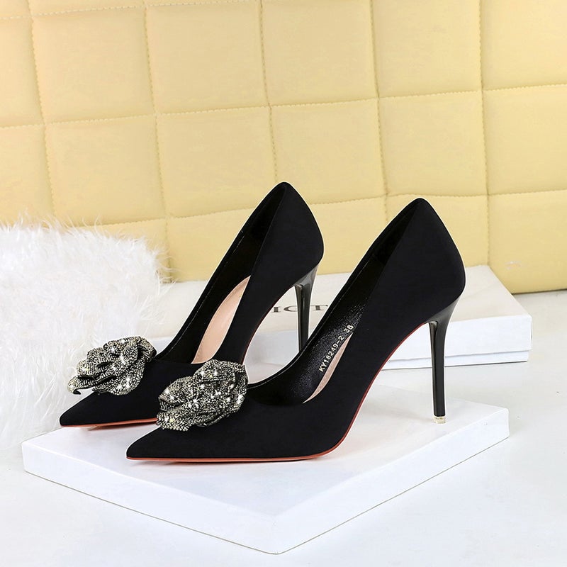 18249-H52 High Heels Women'S Shoes Stiletto Heel Super Heel Satin Shallow Mouth Pointed Rhinestone Rose Shoes - Image 3